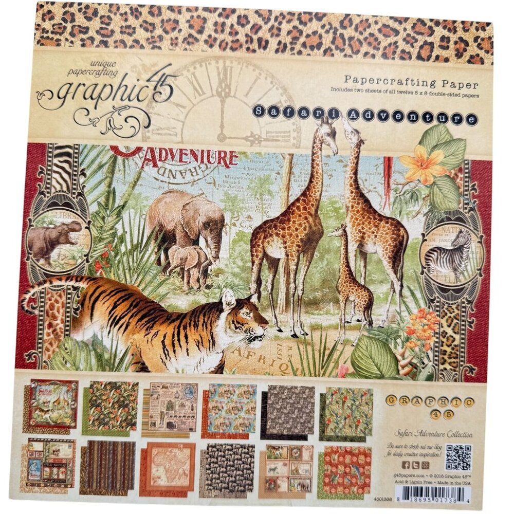Graphic 45 Safari Adventure 8x8 Paper Pad 12 Double-Sided Sheets NEW
